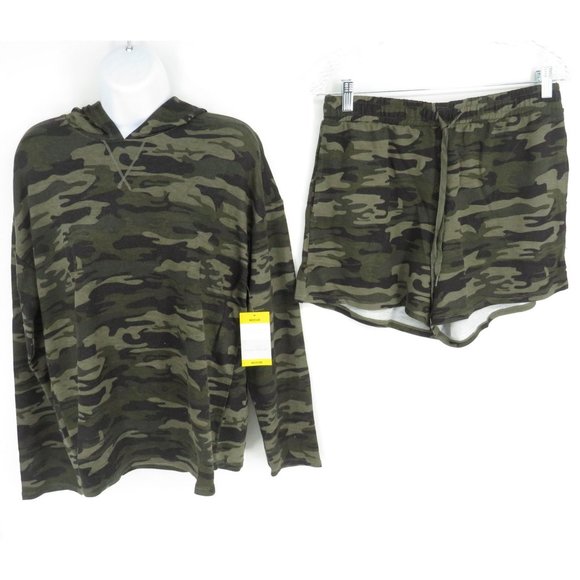 Sanctuary Womens Camo Hoodie & Shorts Lounge Set Medium NWT - Picture 1 of 7